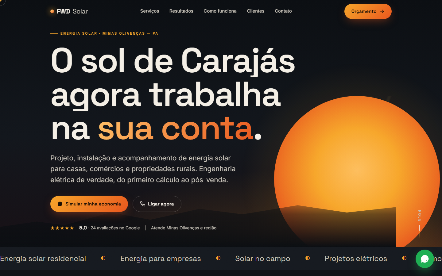 Prévia do site de energia solar criado pela Nexora, com o título ‘O sol de Carajás agora trabalha na sua conta’.